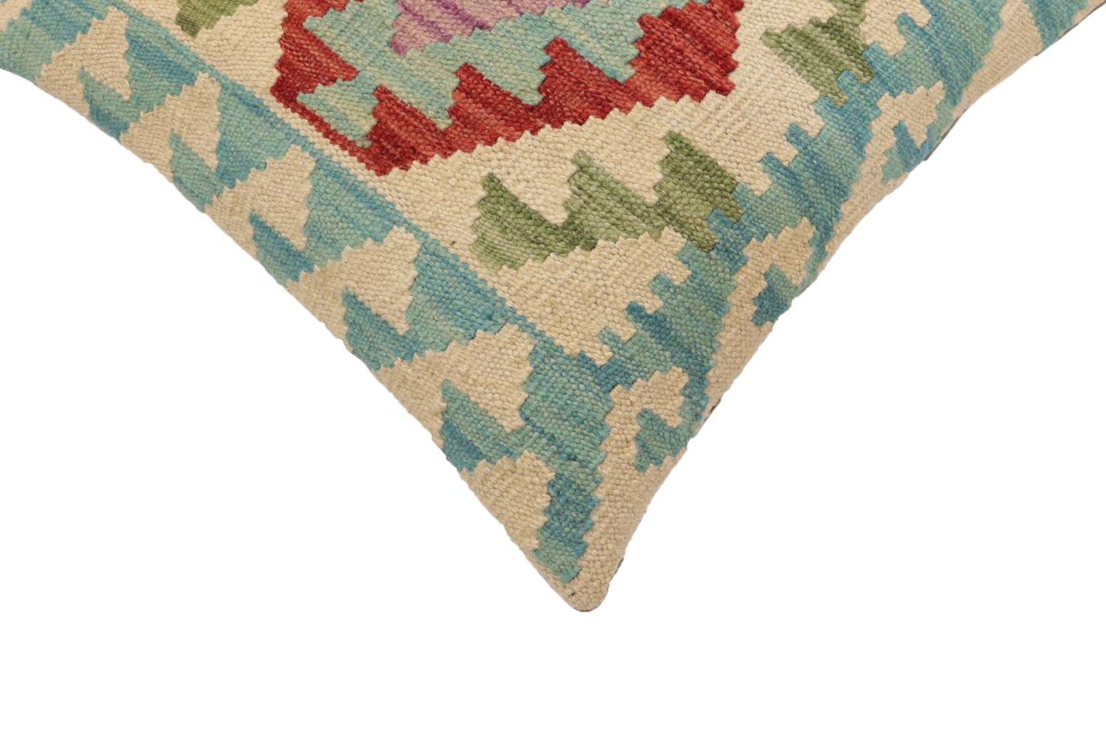 handmade Traditional Pillow Beige Blue Hand-Woven SQUARE 100% WOOL Hand woven turkish pillow2' x 2'