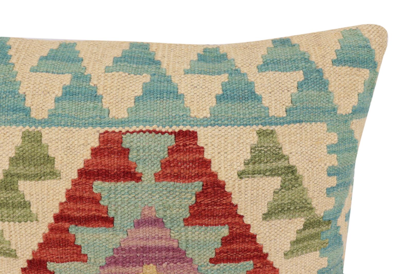 handmade Traditional Pillow Beige Blue Hand-Woven SQUARE 100% WOOL Hand woven turkish pillow2' x 2'