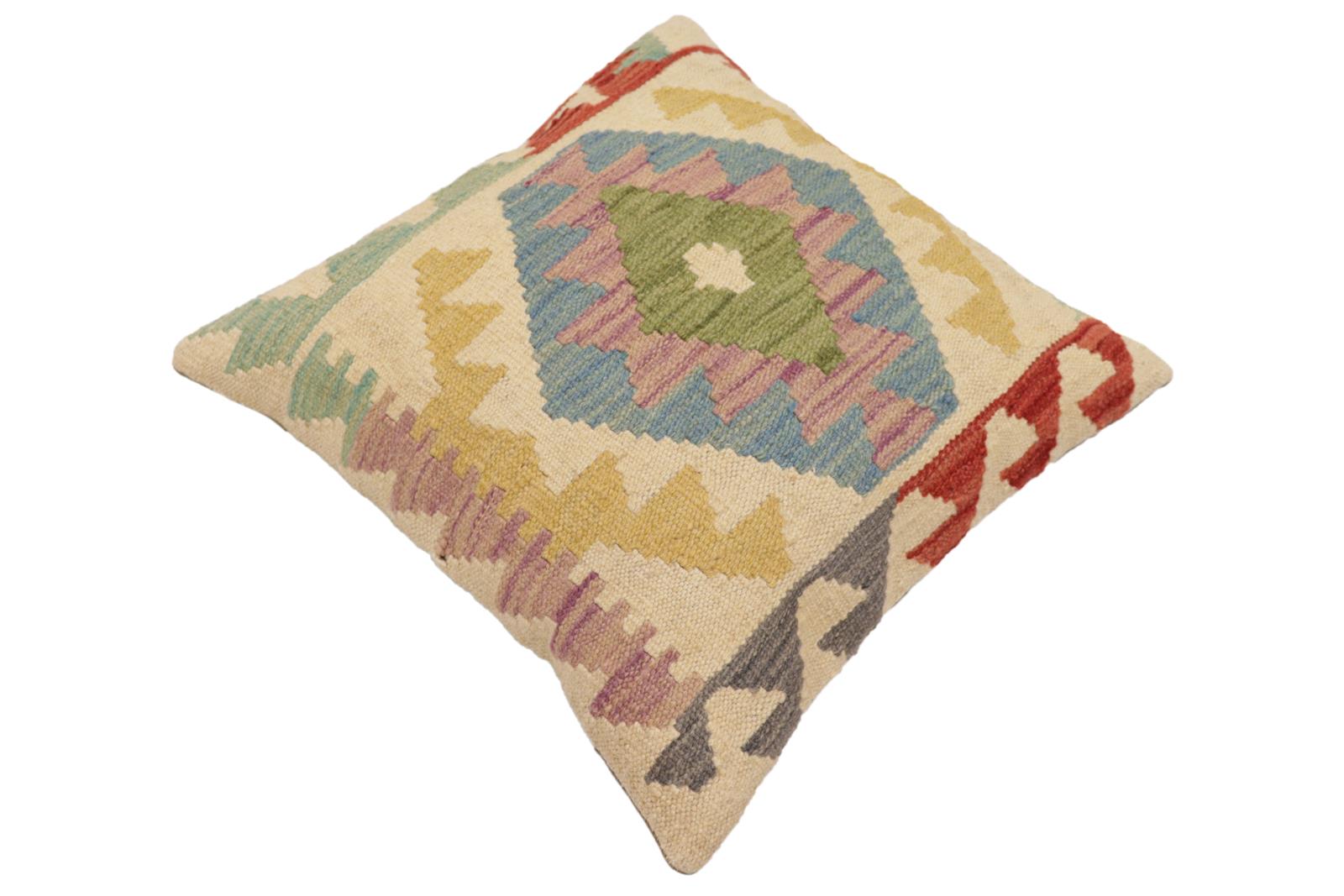 handmade Traditional Pillow Beige Red Hand-Woven SQUARE 100% WOOL Hand woven turkish pillow2' x 2'
