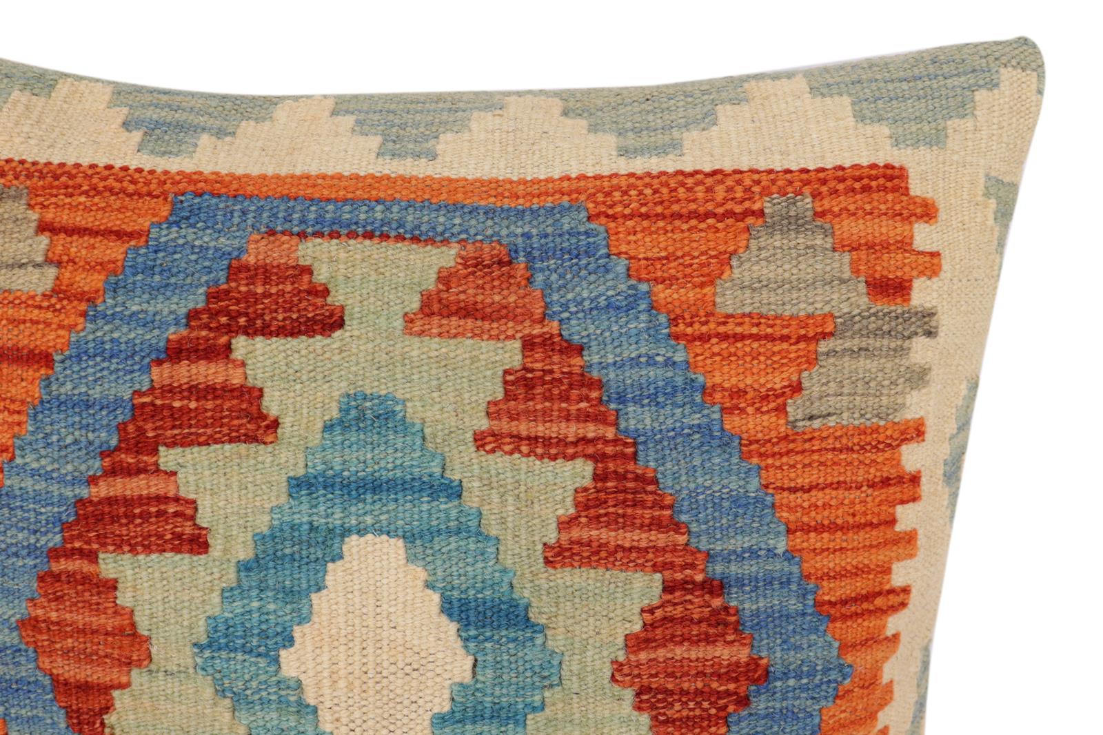 handmade Traditional Pillow Rust Blue Hand-Woven SQUARE 100% WOOL Hand woven turkish pillow2' x 2'