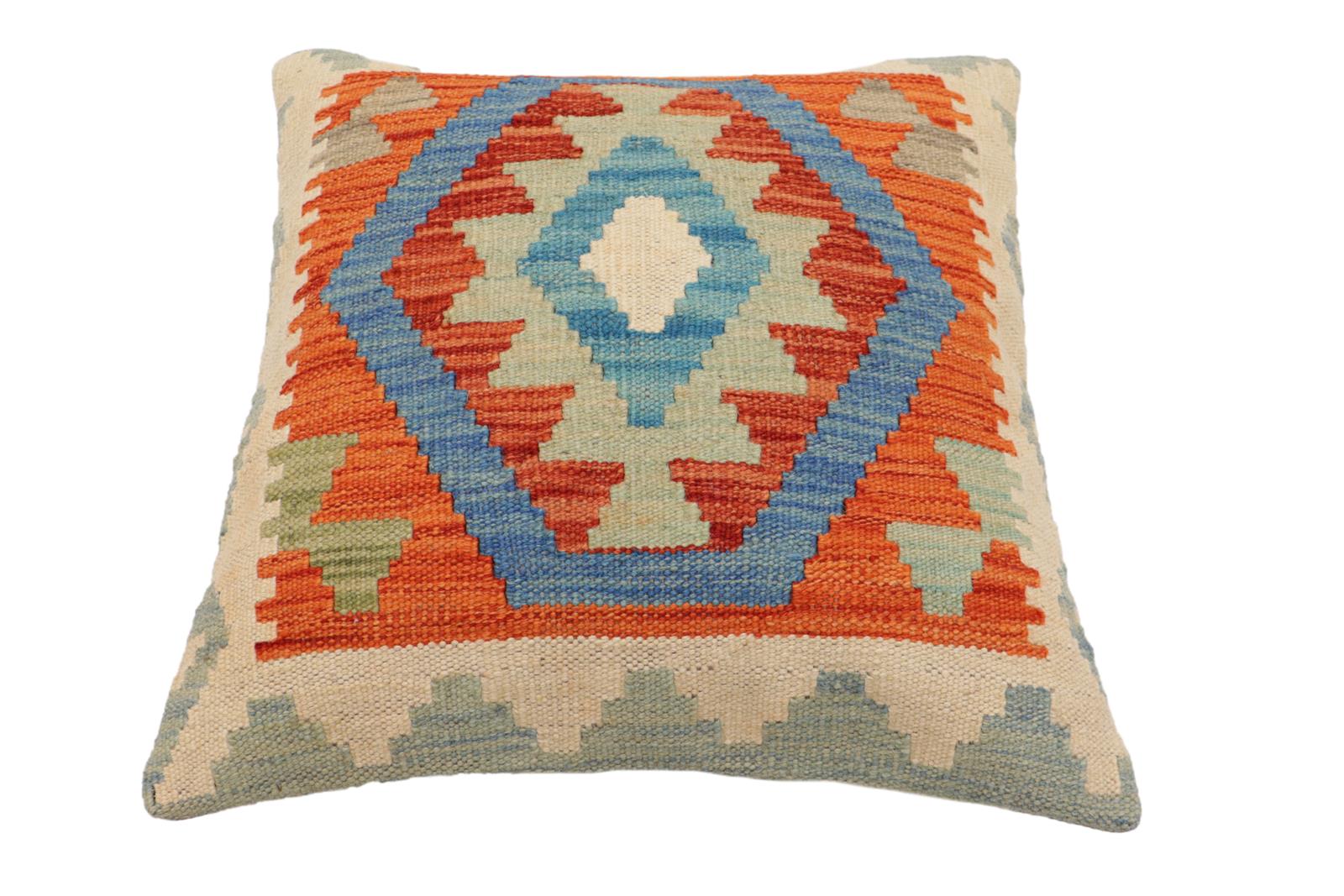 handmade Traditional Pillow Rust Blue Hand-Woven SQUARE 100% WOOL Hand woven turkish pillow2' x 2'