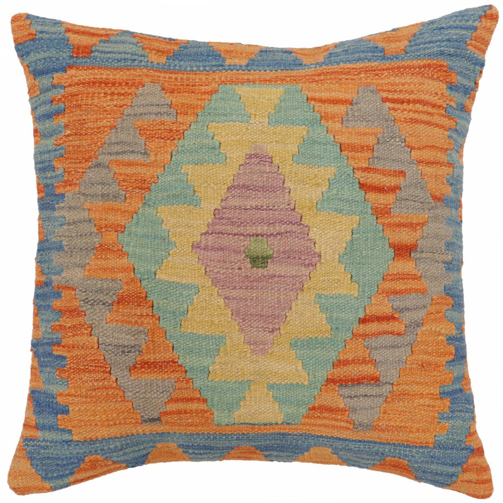 handmade Traditional Pillow Blue Orange Hand-Woven SQUARE 100% WOOL Hand woven turkish pillow2' x 2'