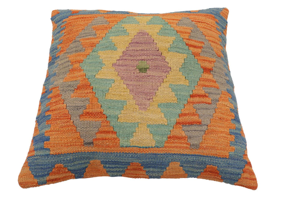 handmade Traditional Pillow Blue Orange Hand-Woven SQUARE 100% WOOL Hand woven turkish pillow2' x 2'