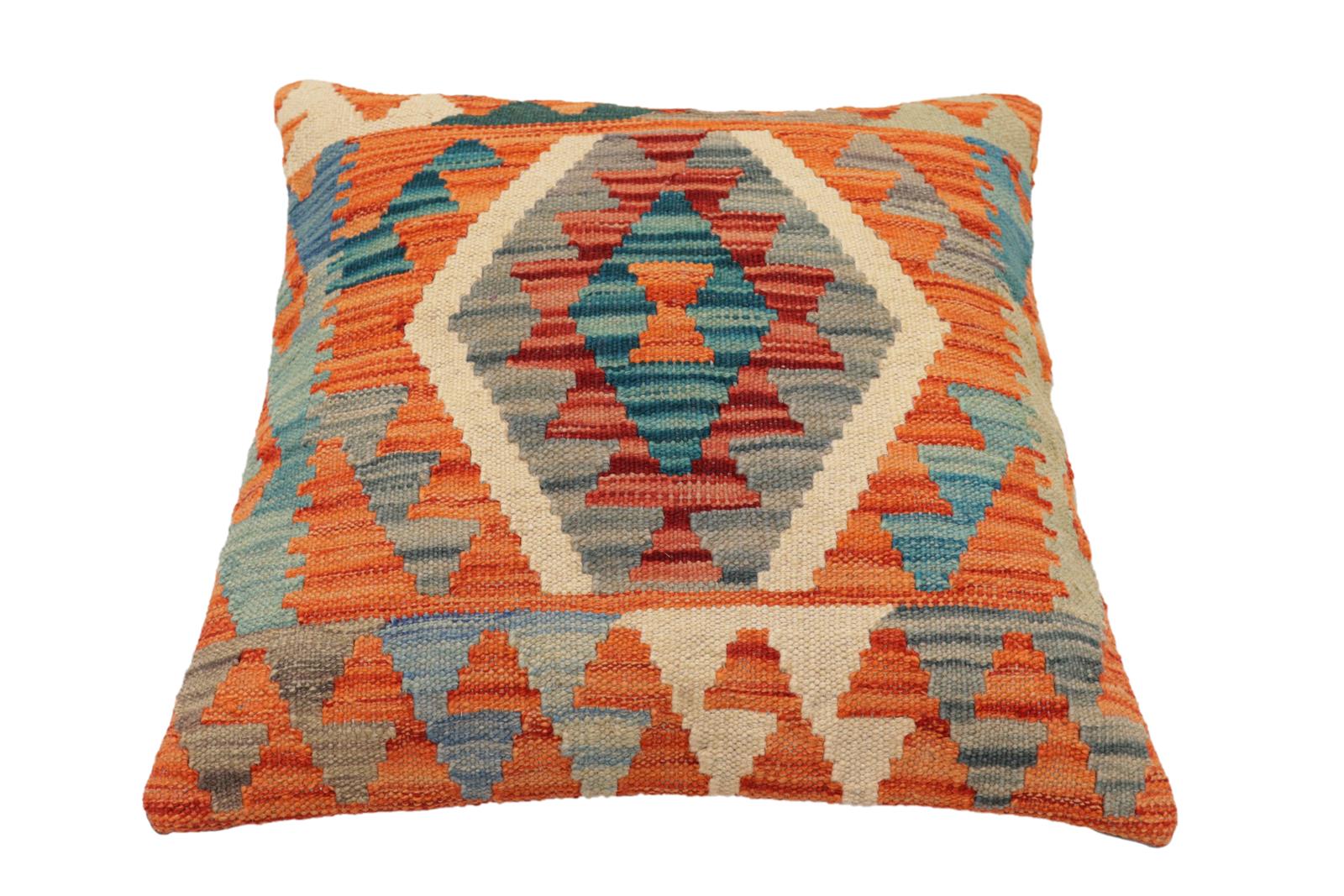 handmade Traditional Pillow Rust Blue Hand-Woven SQUARE 100% WOOL Hand woven turkish pillow2' x 2'