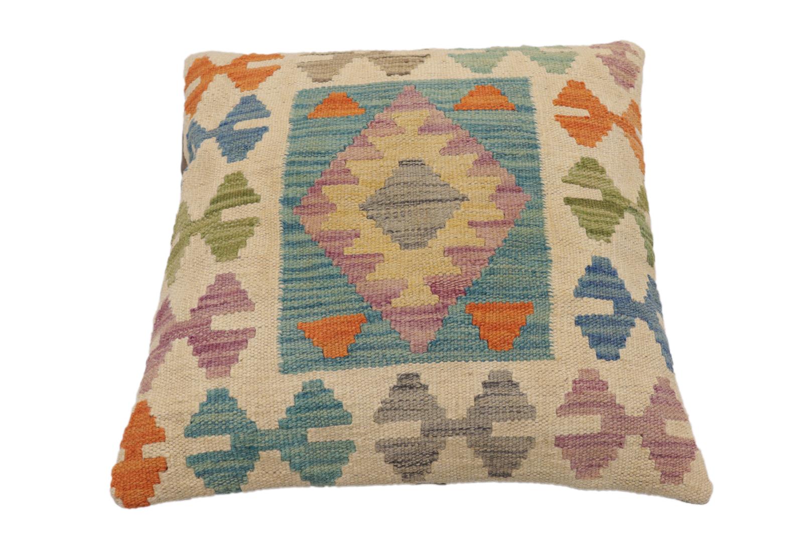 handmade Traditional Pillow Beige Blue Hand-Woven SQUARE 100% WOOL Hand woven turkish pillow2' x 2'