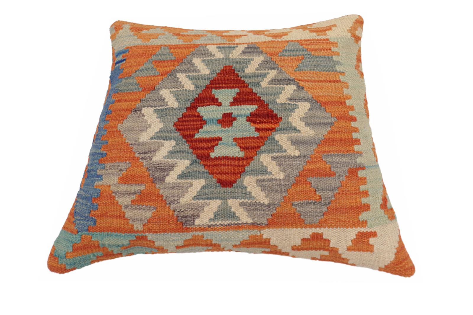 handmade Traditional Pillow Rust Blue Hand-Woven SQUARE 100% WOOL  Hand woven turkish pillow  2 x 2