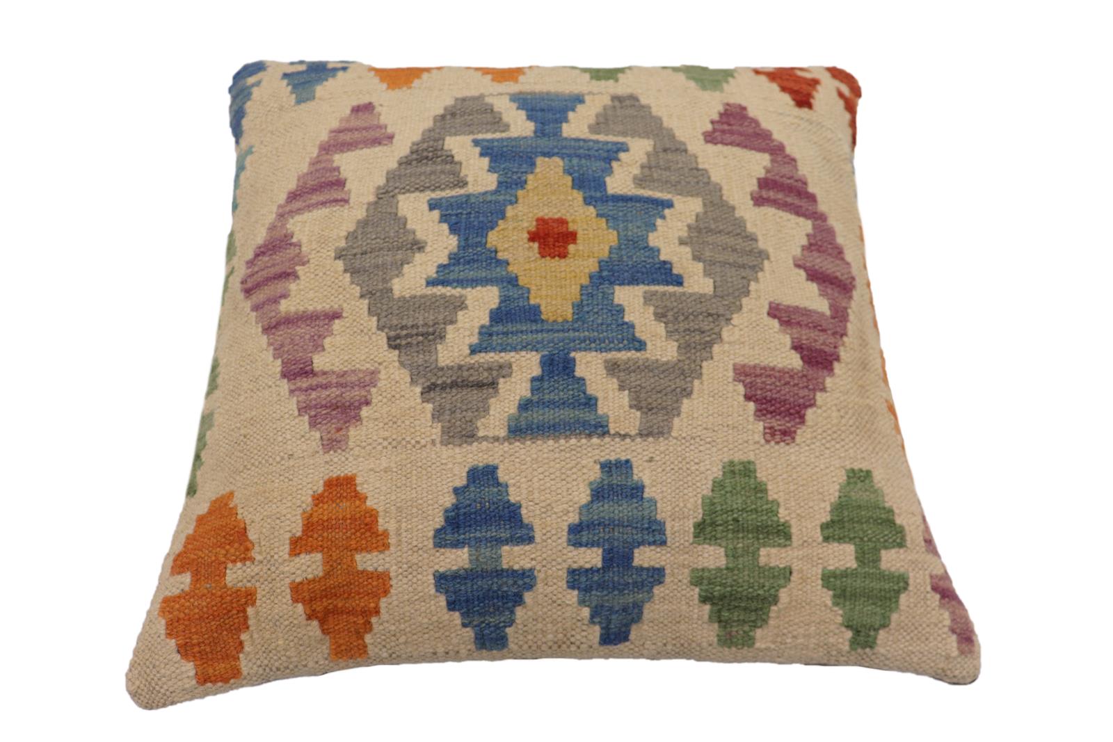 handmade Traditional Pillow Beige Blue Hand-Woven SQUARE 100% WOOL Hand woven turkish pillow2' x 2'