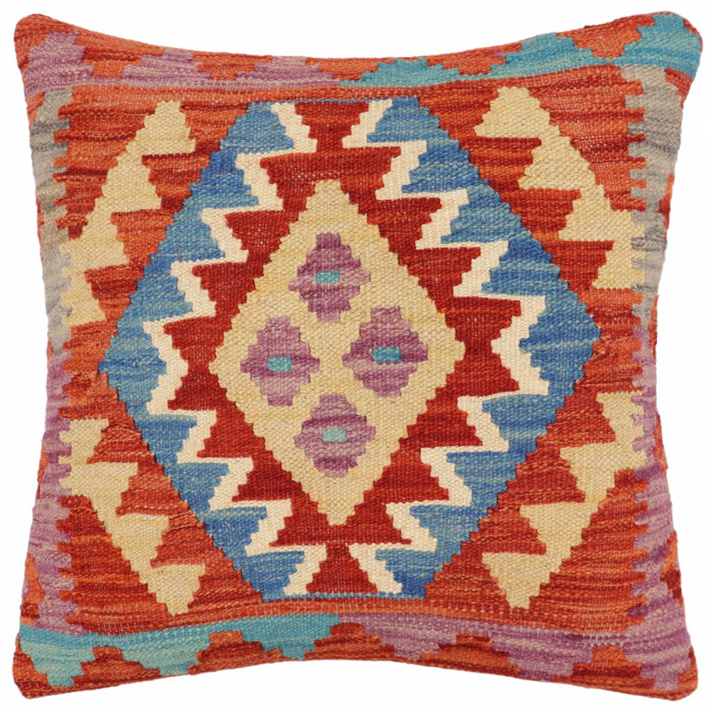 handmade Traditional Pillow Rust Blue Hand-Woven SQUARE 100% WOOL Hand woven turkish pillow2' x 2'