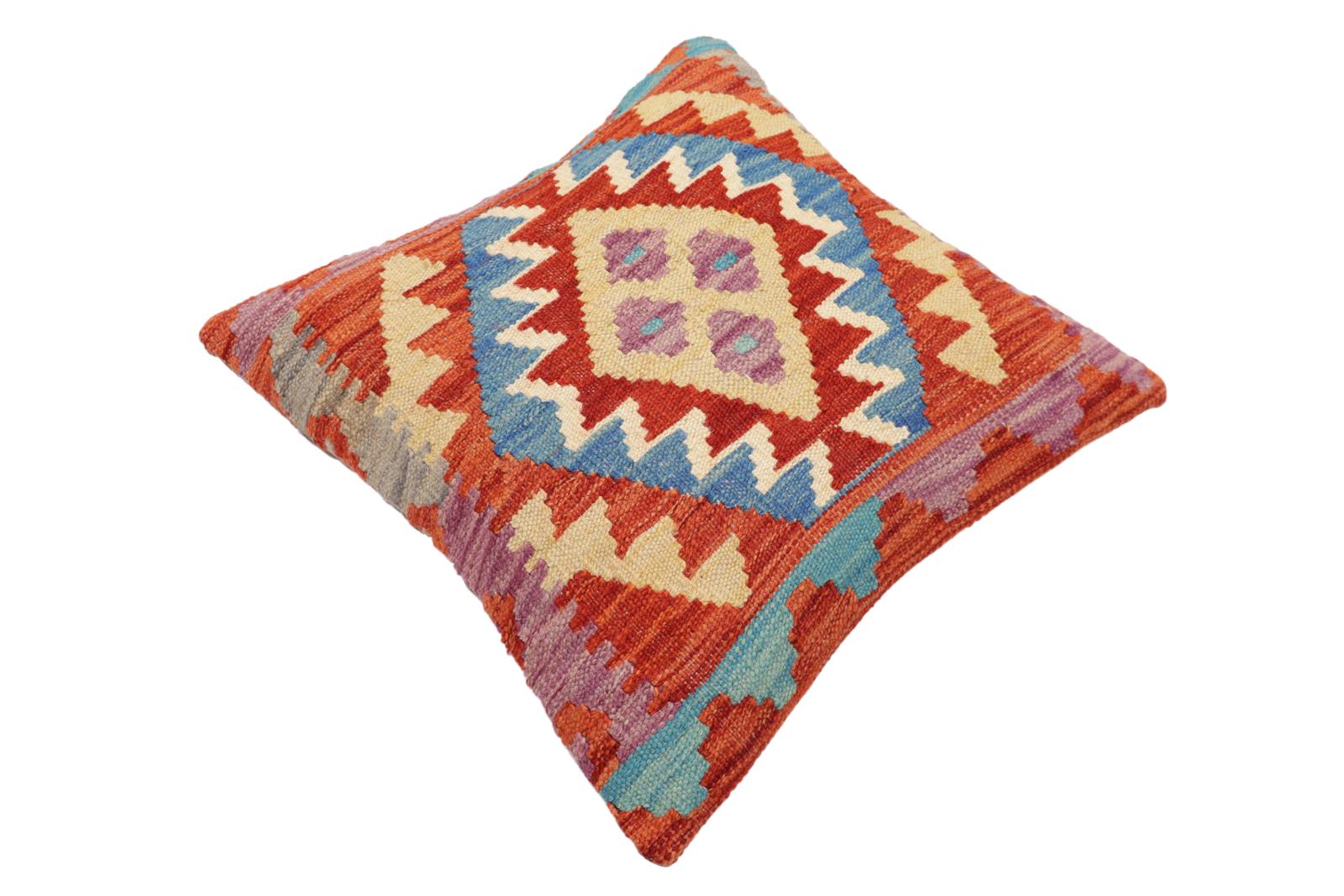 handmade Traditional Pillow Rust Blue Hand-Woven SQUARE 100% WOOL Hand woven turkish pillow2' x 2'