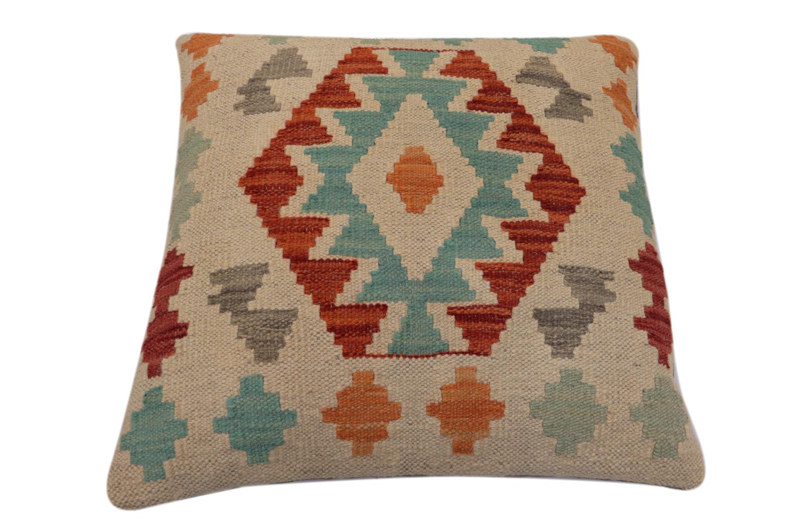 handmade Traditional Pillow Beige Rust Hand-Woven SQUARE 100% WOOL Hand woven turkish pillow2' x 2'