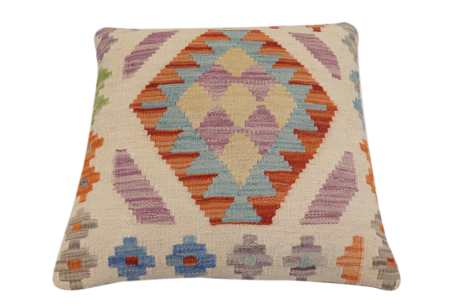 handmade Traditional Pillow Beige Rust Hand-Woven SQUARE 100% WOOL Hand woven turkish pillow2' x 2'