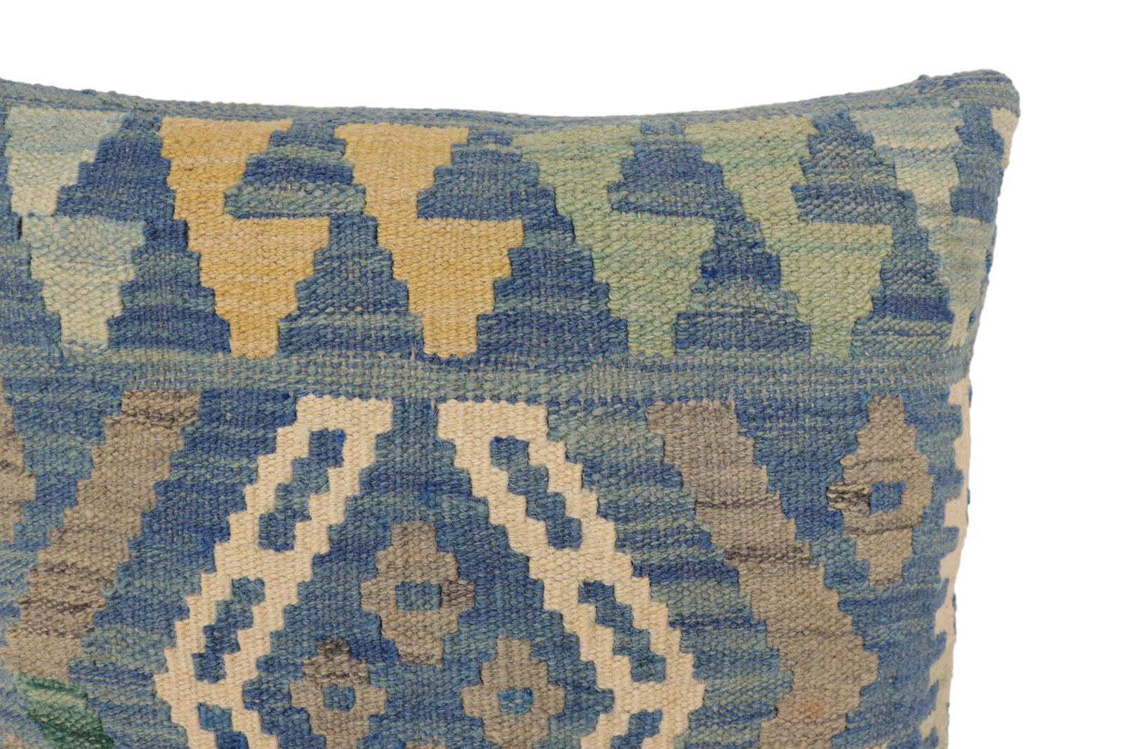 handmade Traditional Pillow Blue Gray Hand-Woven SQUARE 100% WOOL Hand woven turkish pillow2' x 2'