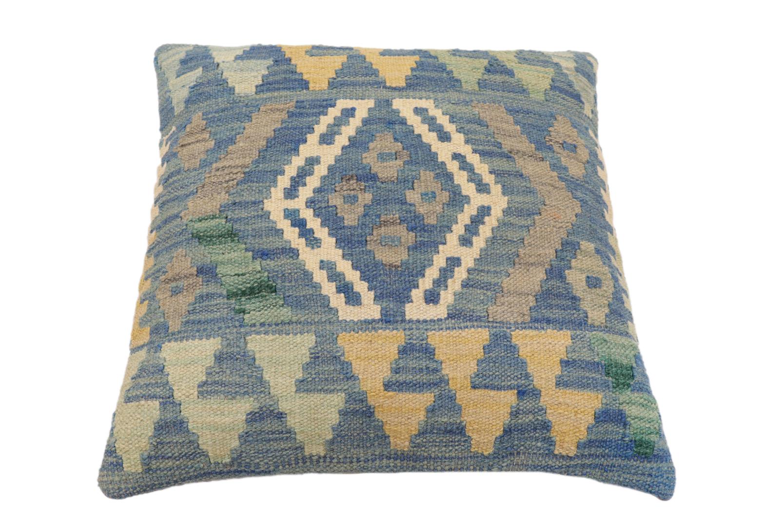 handmade Traditional Pillow Blue Gray Hand-Woven SQUARE 100% WOOL Hand woven turkish pillow2' x 2'