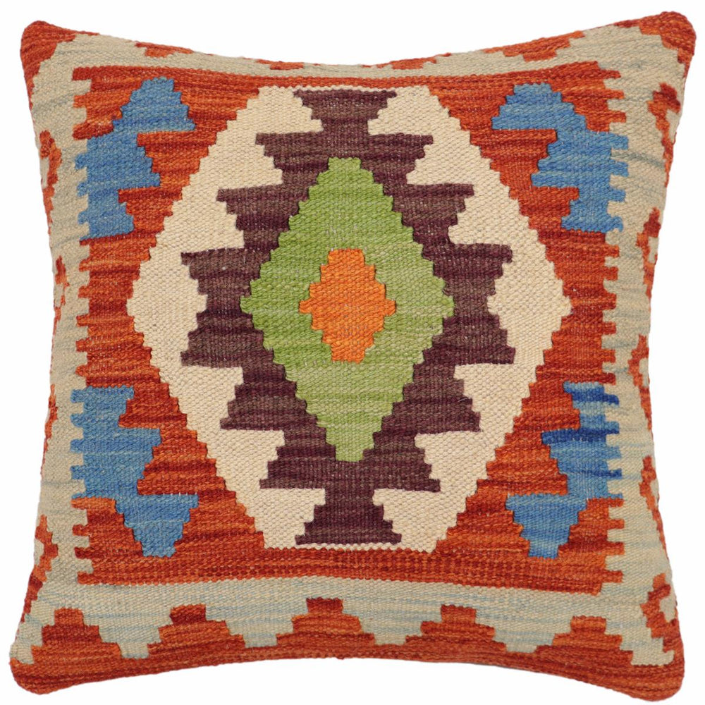 handmade Traditional Pillow Rust Blue Hand-Woven SQUARE 100% WOOL Hand woven turkish pillow2' x 2'