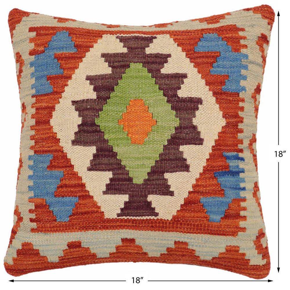 handmade Traditional Pillow Rust Blue Hand-Woven SQUARE 100% WOOL Hand woven turkish pillow2' x 2'