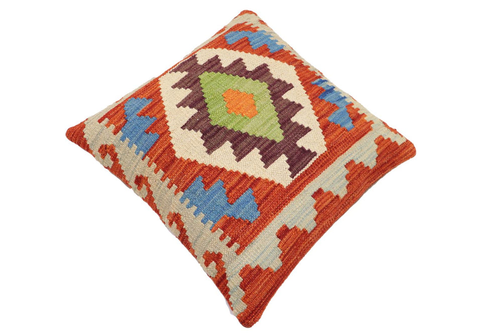 handmade Traditional Pillow Rust Blue Hand-Woven SQUARE 100% WOOL Hand woven turkish pillow2' x 2'