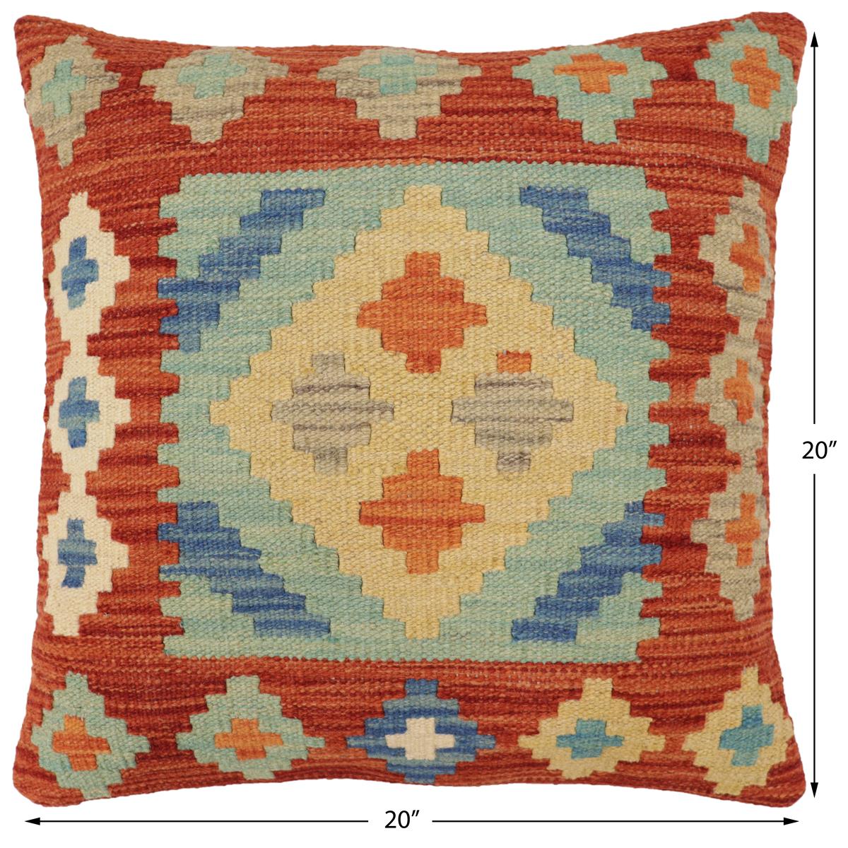 handmade Traditional Pillow Rust Blue Hand-Woven SQUARE 100% WOOL  Hand woven turkish pillow  PILLOW