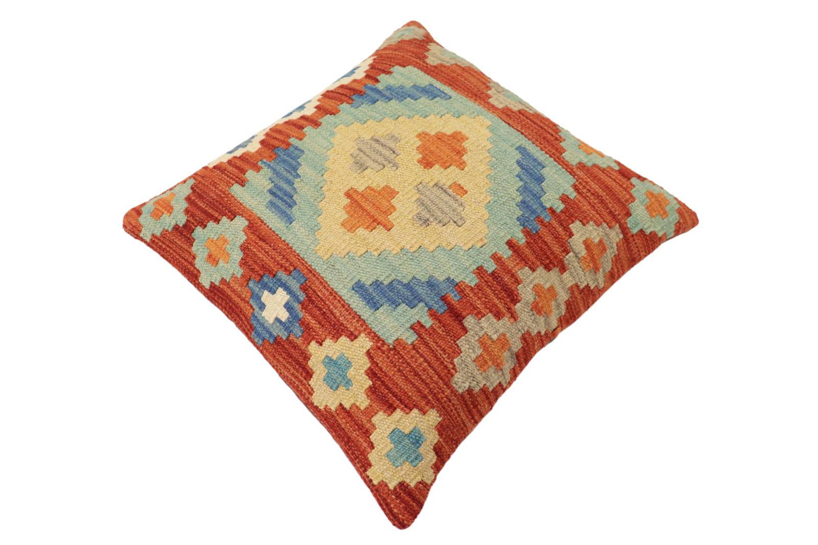 handmade Traditional Pillow Rust Blue Hand-Woven SQUARE 100% WOOL  Hand woven turkish pillow  PILLOW