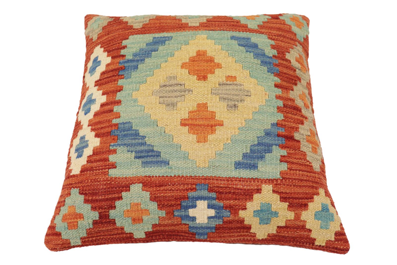 handmade Traditional Pillow Rust Blue Hand-Woven SQUARE 100% WOOL  Hand woven turkish pillow  PILLOW