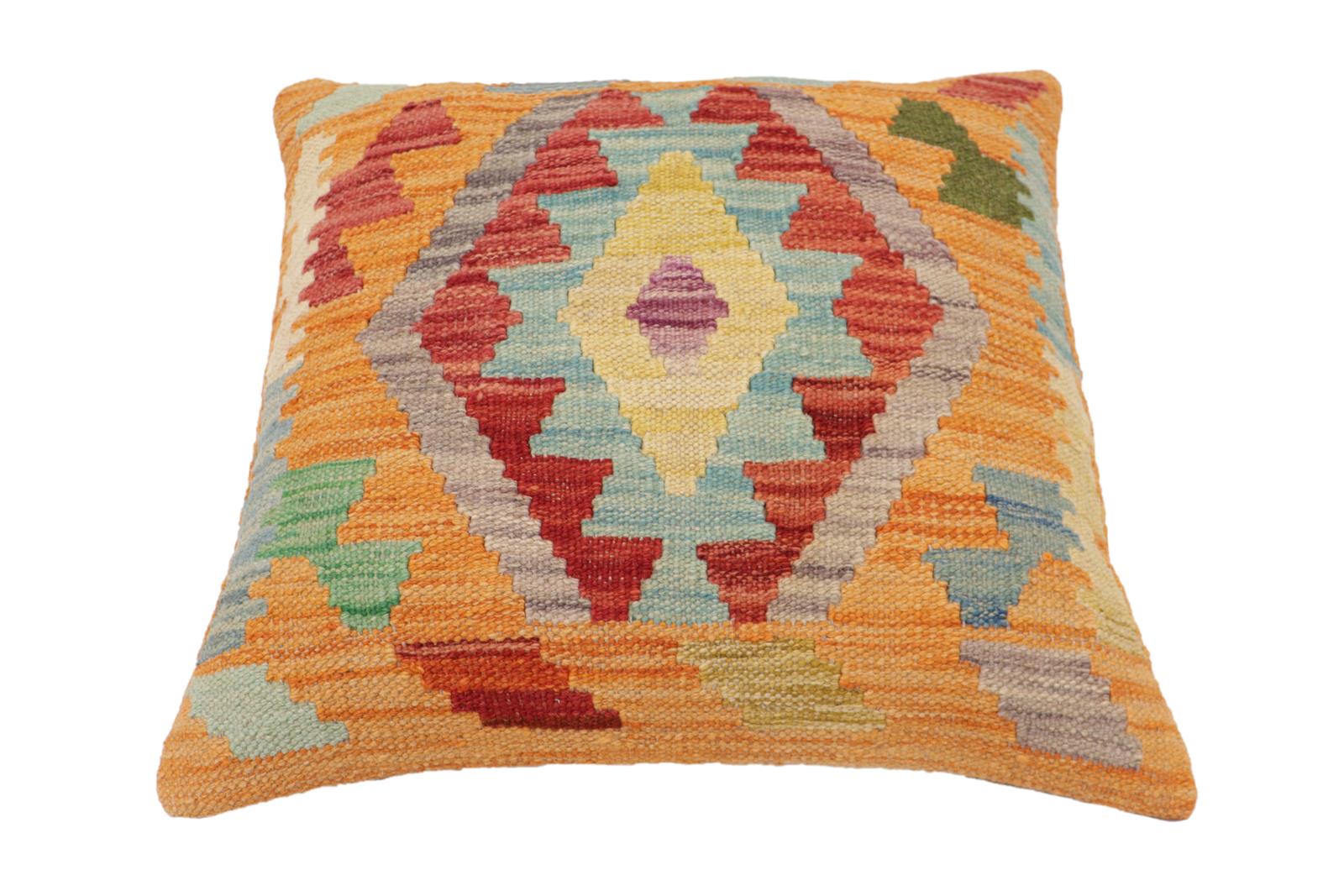 handmade Traditional Pillow Orange Red Hand-Woven SQUARE 100% WOOL  Hand woven turkish pillow  2 x 2