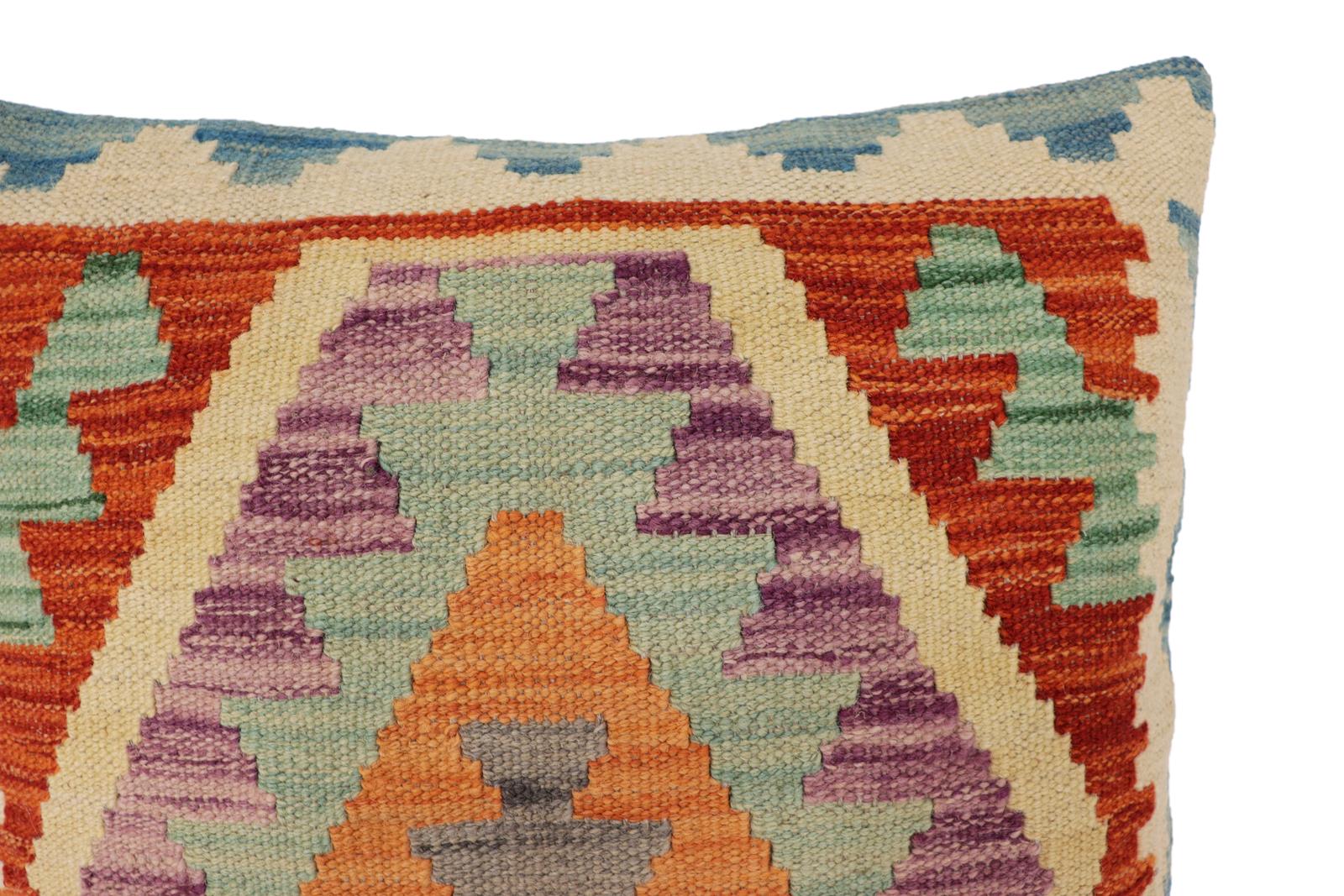 handmade Traditional Pillow Rust Blue Hand-Woven SQUARE 100% WOOL  Hand woven turkish pillow  PILLOW