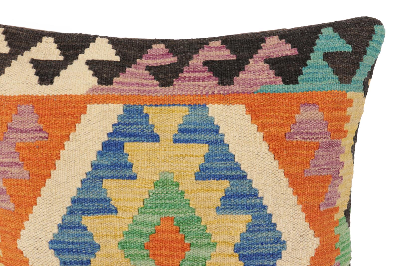 handmade Traditional Pillow Blue Beige Hand-Woven SQUARE 100% WOOL  Hand woven turkish pillow  PILLOW