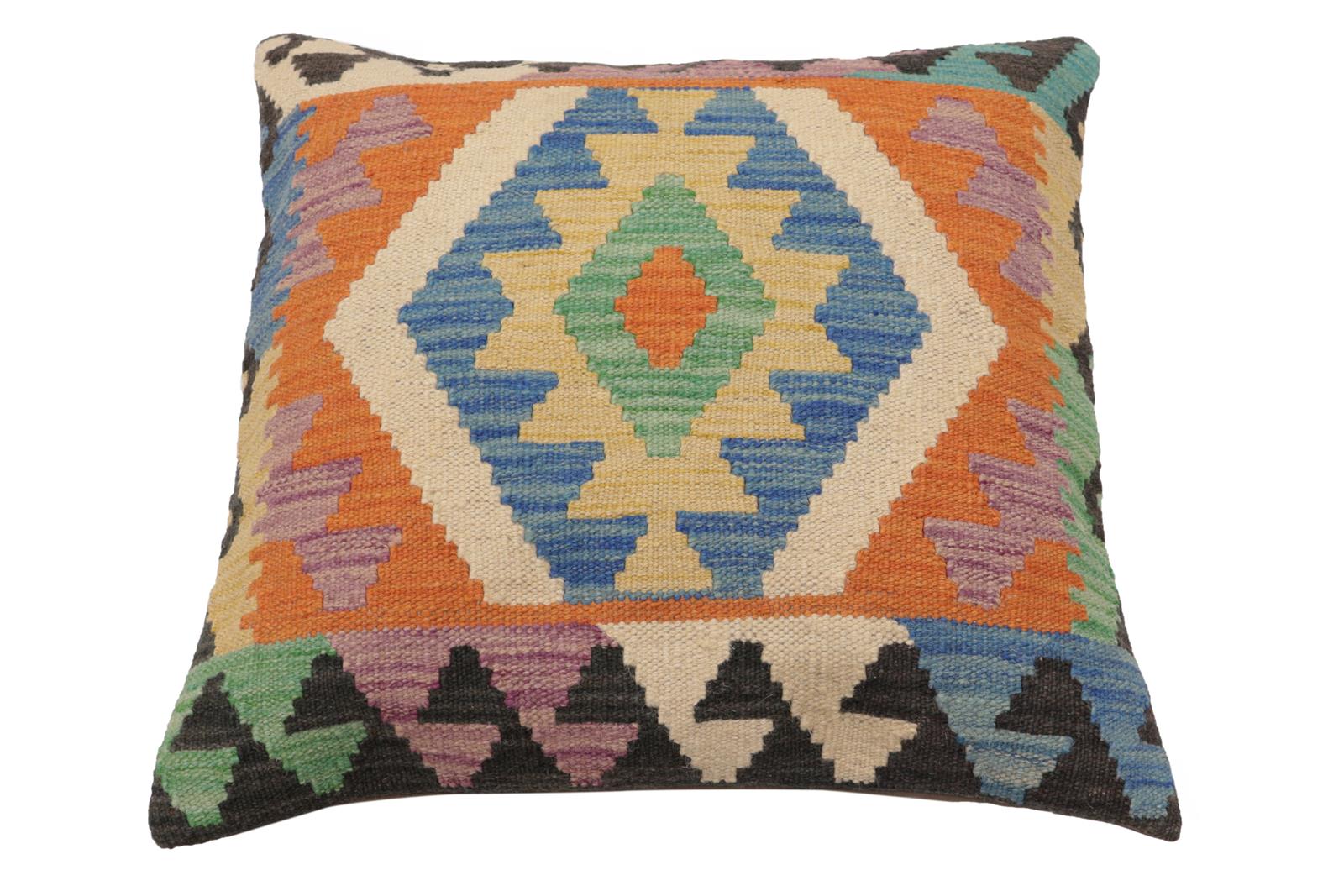 handmade Traditional Pillow Blue Beige Hand-Woven SQUARE 100% WOOL  Hand woven turkish pillow  PILLOW