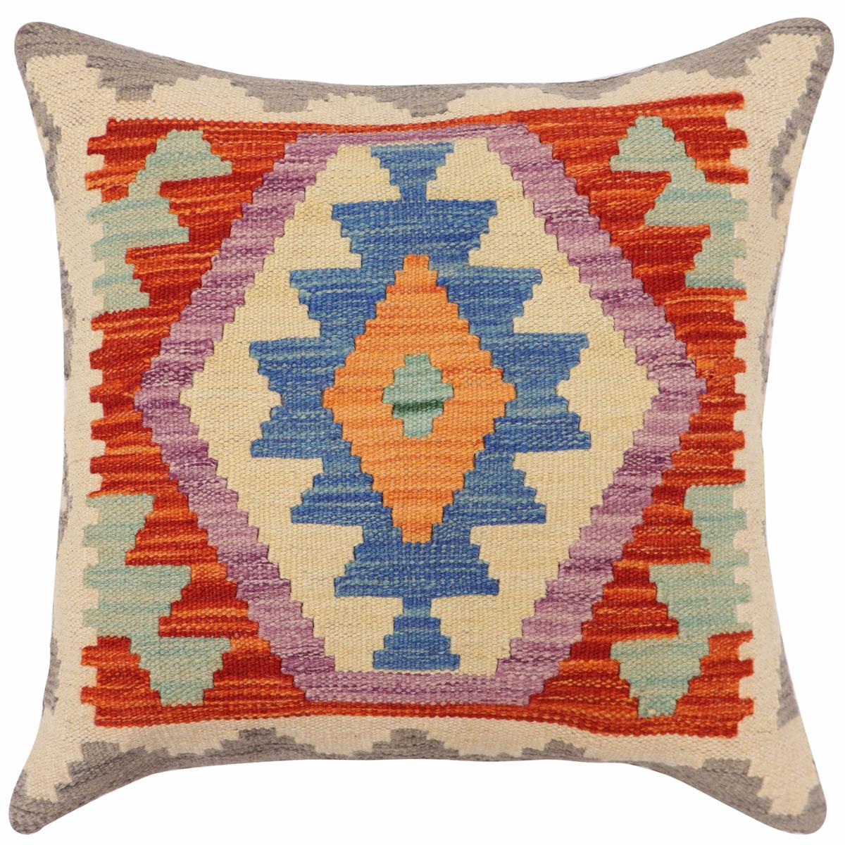 handmade Traditional Pillow Rust Blue Hand-Woven SQUARE 100% WOOL  Hand woven turkish pillow  PILLOW
