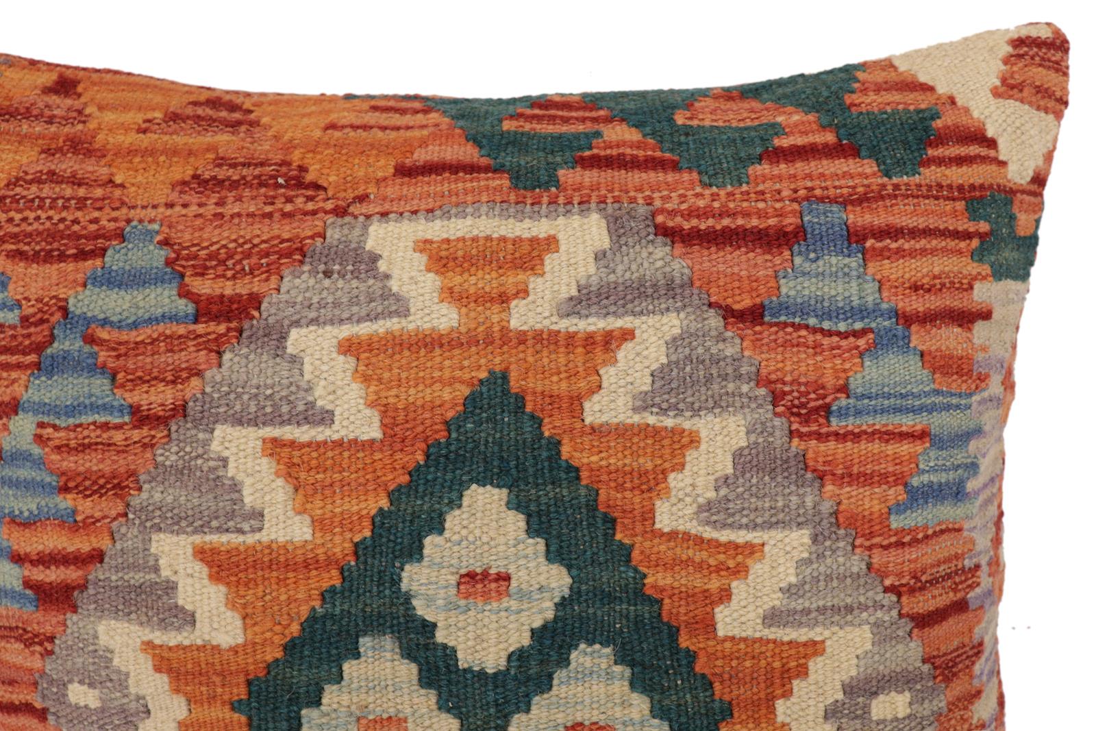 handmade Traditional Pillow Rust Blue Hand-Woven SQUARE 100% WOOL  Hand woven turkish pillow  PILLOW