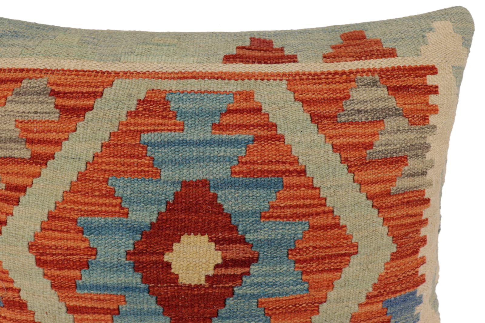 handmade Traditional Pillow Rust Blue Hand-Woven SQUARE 100% WOOL  Hand woven turkish pillow  PILLOW