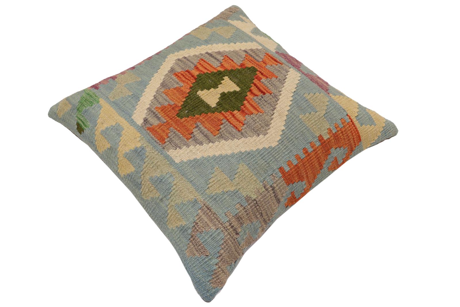 handmade Traditional Pillow Blue Rust Hand-Woven SQUARE 100% WOOL  Hand woven turkish pillow  PILLOW