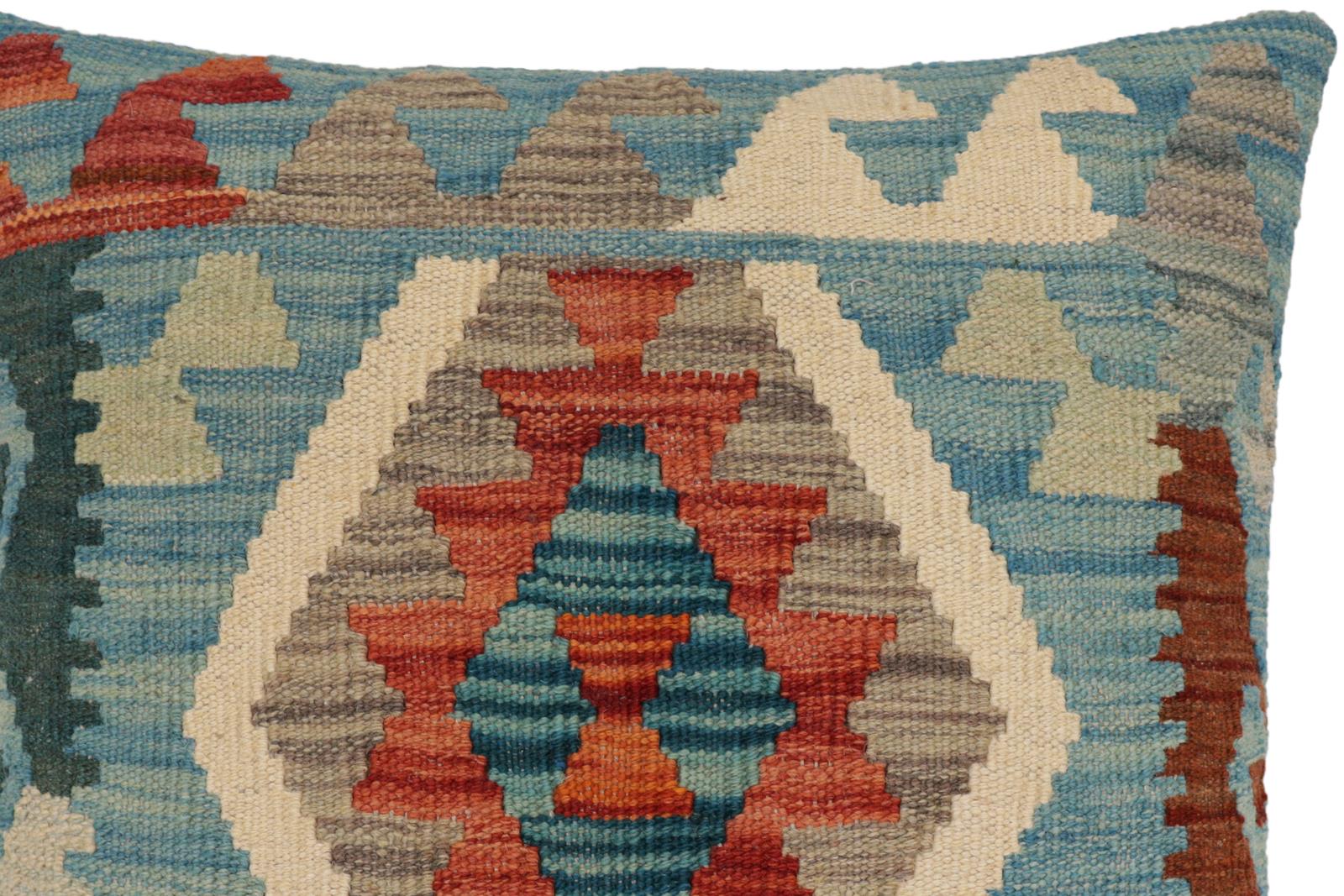 handmade Traditional Pillow Blue Rust Hand-Woven SQUARE 100% WOOL  Hand woven turkish pillow  PILLOW