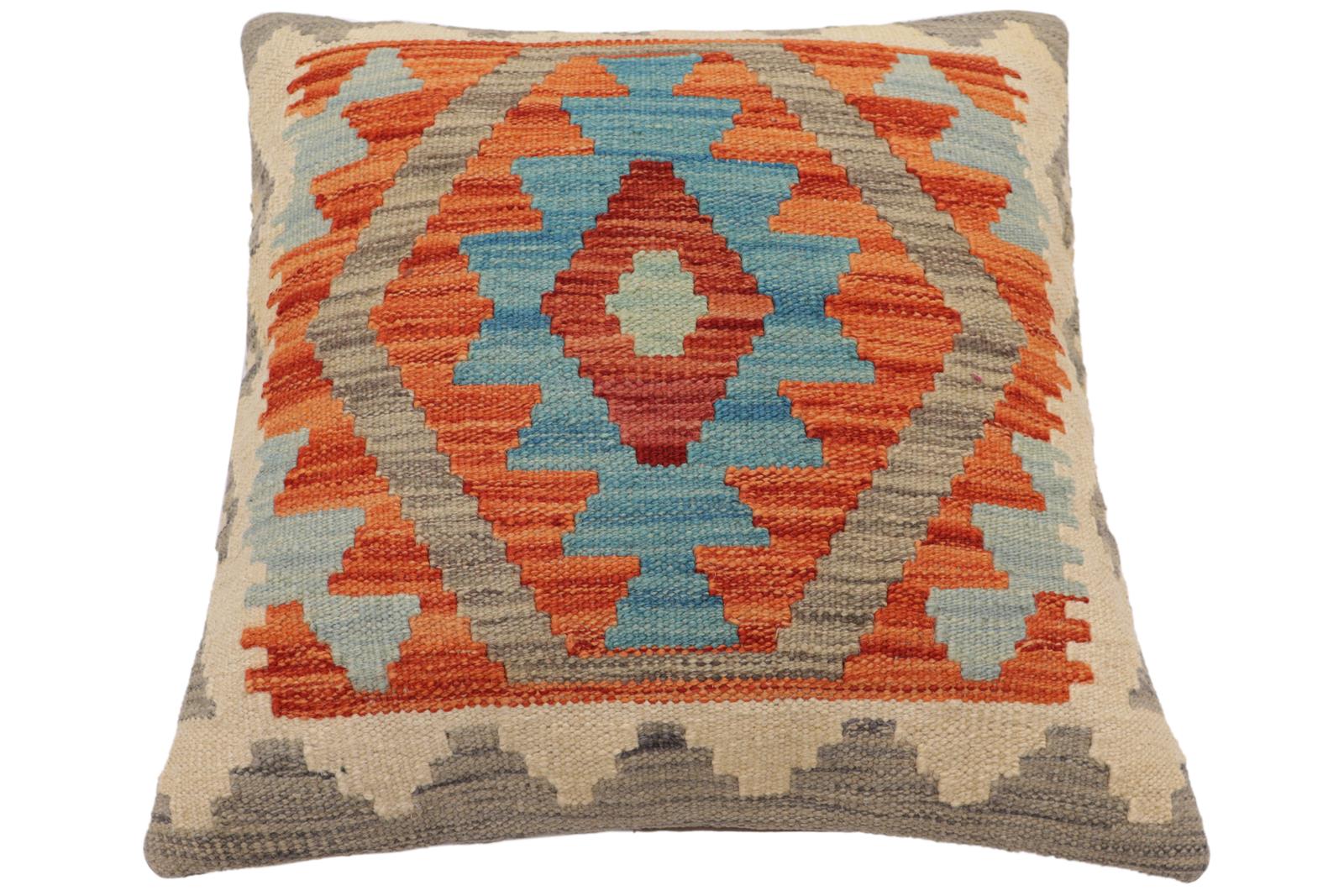 handmade Traditional Pillow Rust Blue Hand-Woven SQUARE 100% WOOL  Hand woven turkish pillow  PILLOW