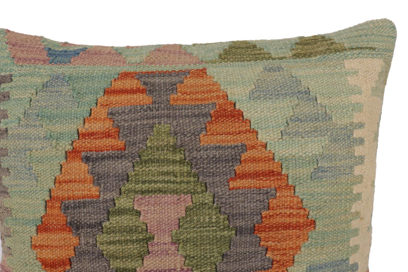 handmade Traditional Pillow Blue Gray Hand-Woven SQUARE 100% WOOL Hand woven turkish pillow2' x 2'