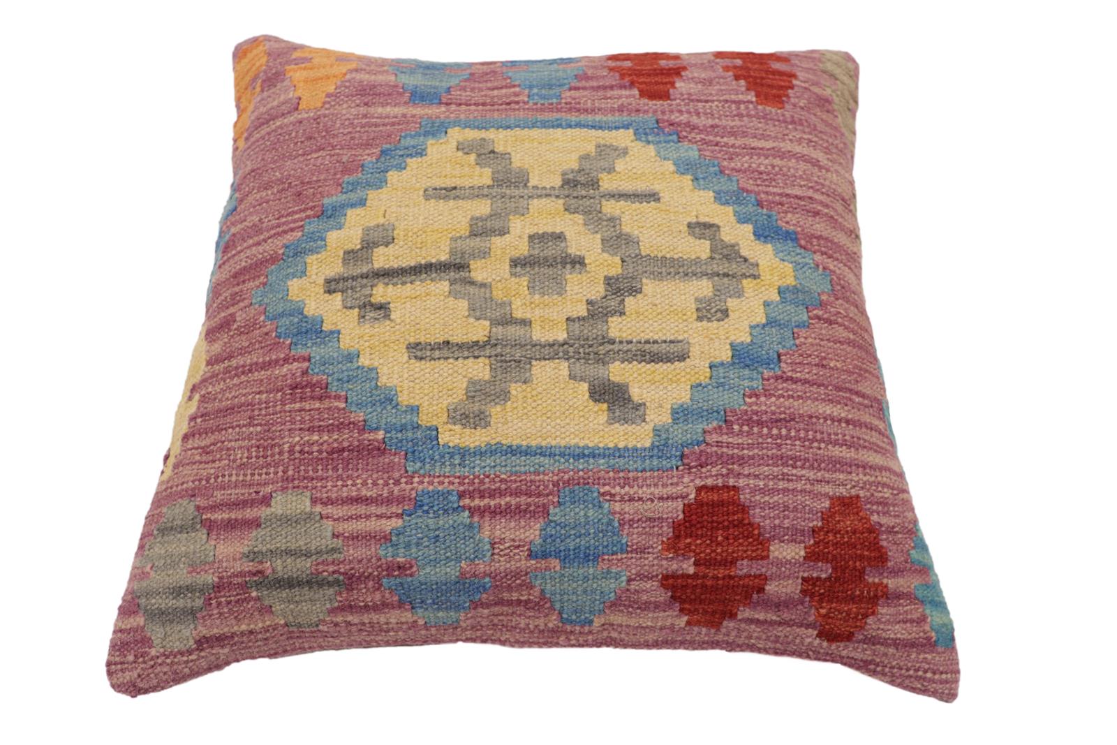 handmade Traditional Pillow Blue Red Hand-Woven SQUARE 100% WOOL Hand woven turkish pillow2' x 2'