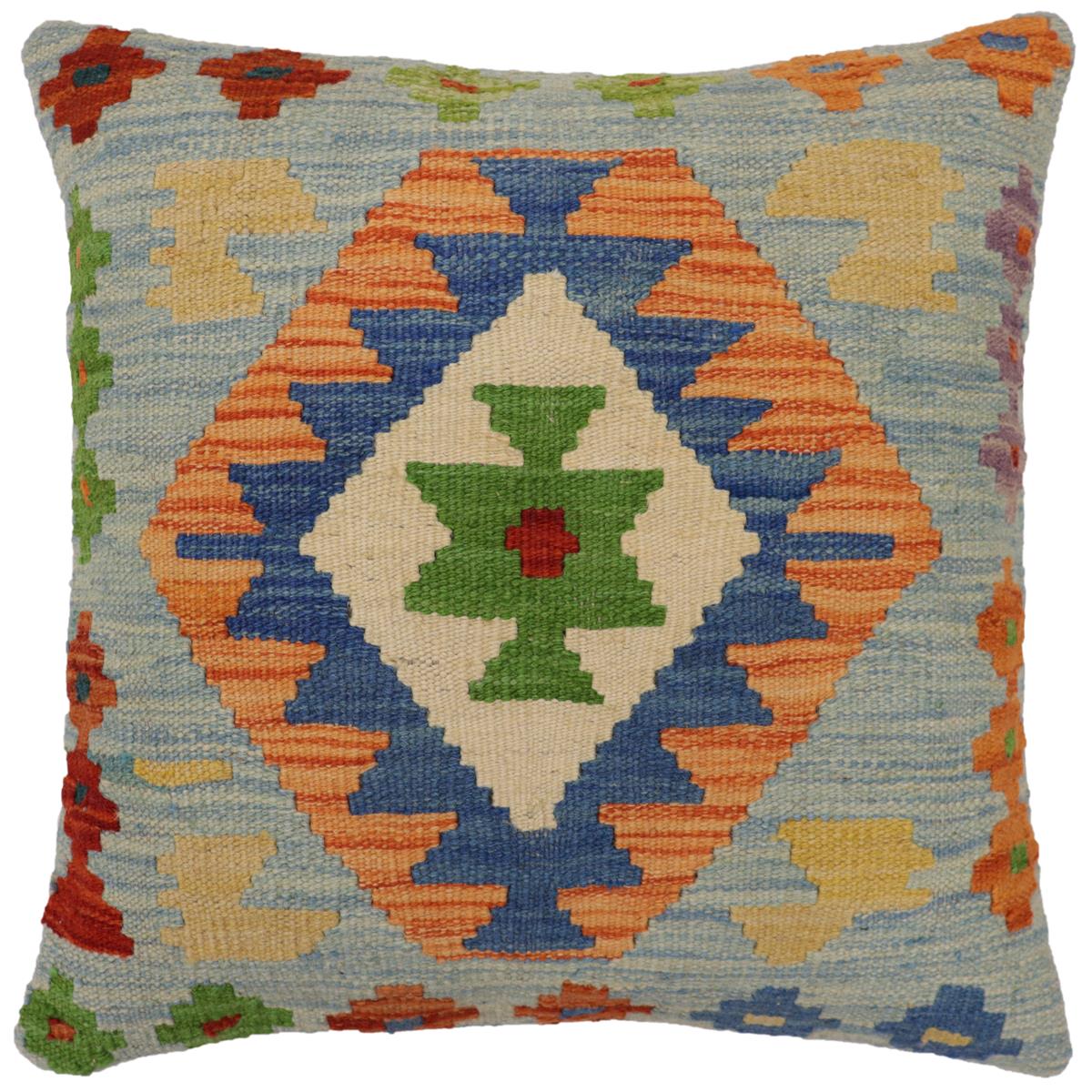 handmade Traditional Pillow Blue Rust Hand-Woven SQUARE 100% WOOL Hand woven turkish pillow2' x 2'
