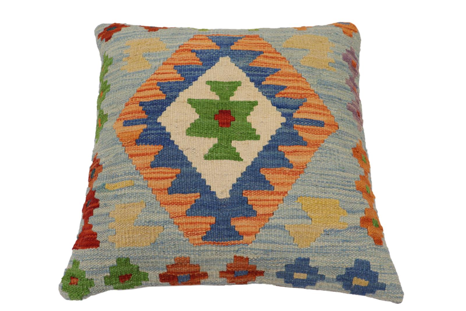 handmade Traditional Pillow Blue Rust Hand-Woven SQUARE 100% WOOL Hand woven turkish pillow2' x 2'