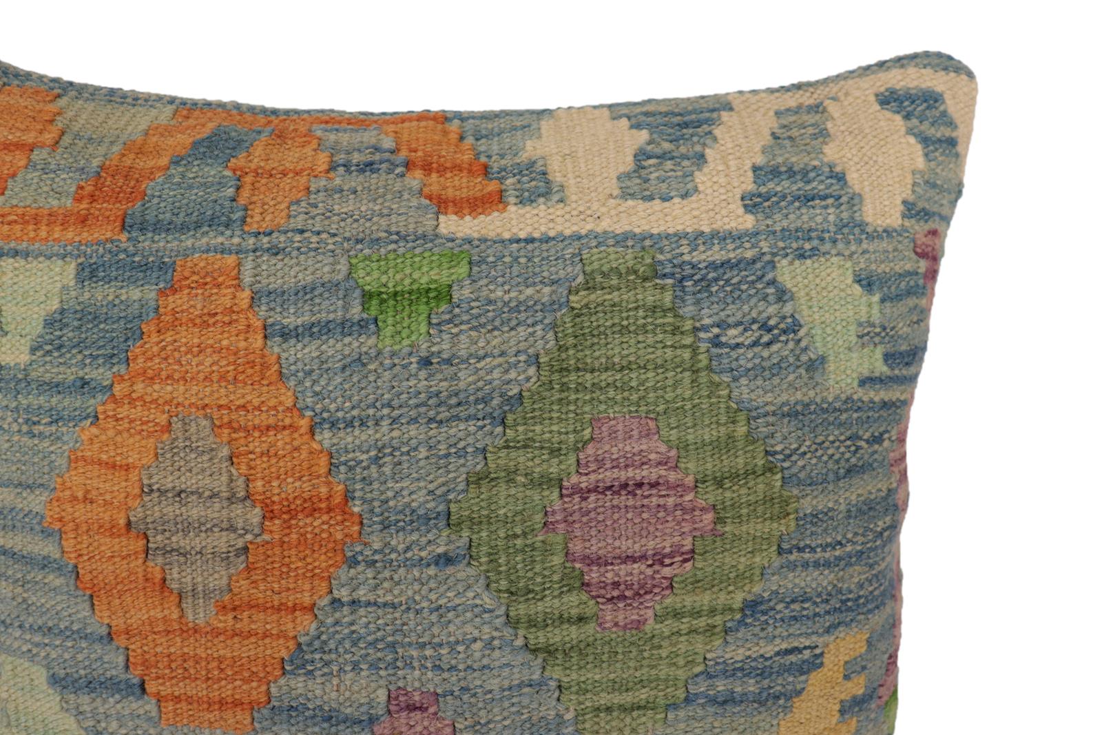handmade Traditional Pillow Blue Rust Hand-Woven SQUARE 100% WOOL Hand woven turkish pillow2' x 2'