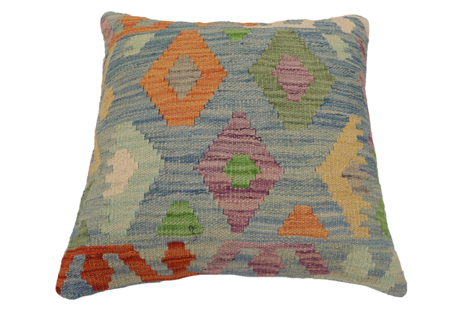 handmade Traditional Pillow Blue Rust Hand-Woven SQUARE 100% WOOL Hand woven turkish pillow2' x 2'