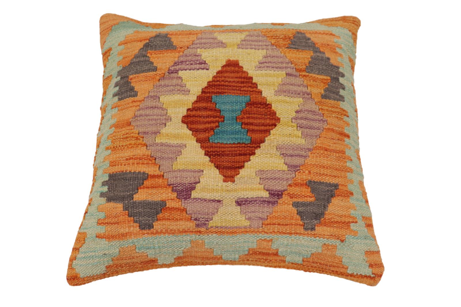handmade Traditional Pillow Rust Blue Hand-Woven SQUARE 100% WOOL Hand woven turkish pillow2' x 2'