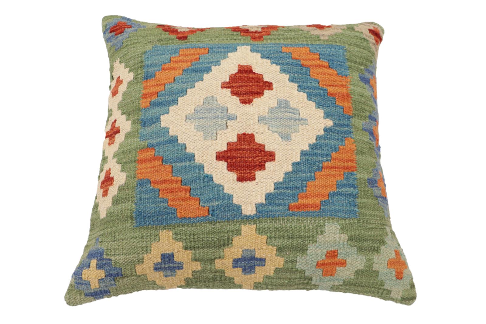 handmade Traditional Pillow Blue Green Hand-Woven SQUARE 100% WOOL Hand woven turkish pillow2' x 2'