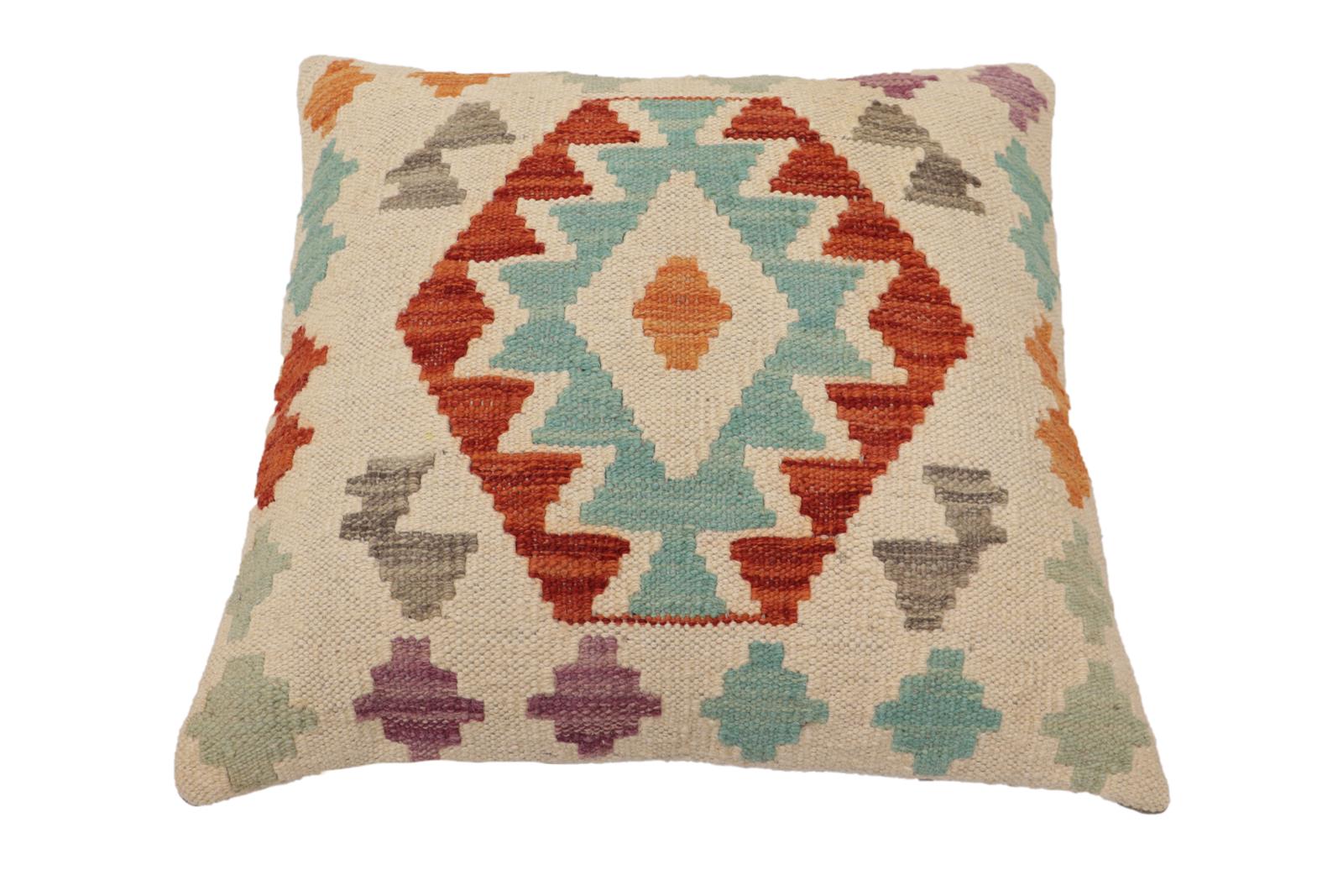 handmade Traditional Pillow Beige Rust Hand-Woven SQUARE 100% WOOL Hand woven turkish pillow2' x 2'