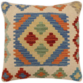handmade Traditional Pillow Blue Beige Hand-Woven SQUARE 100% WOOL Hand woven turkish pillow2 x 2