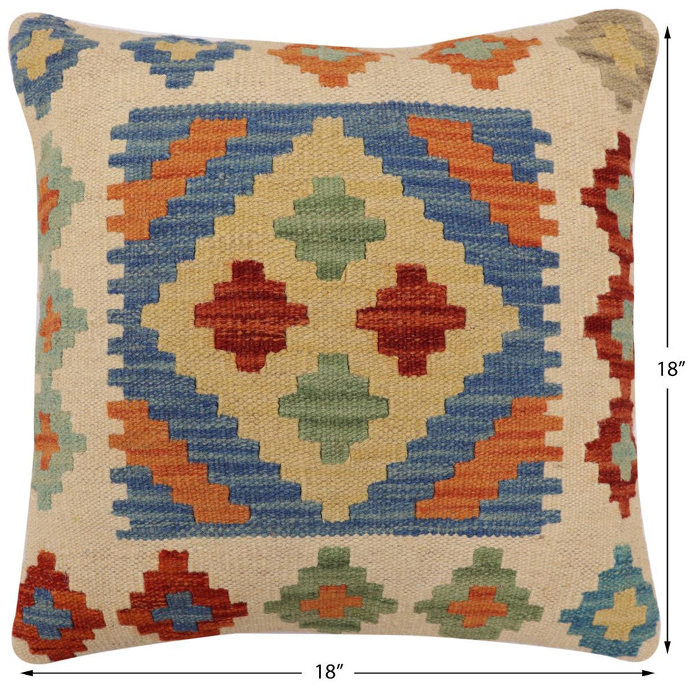 handmade Traditional Pillow Blue Beige Hand-Woven SQUARE 100% WOOL Hand woven turkish pillow2' x 2'