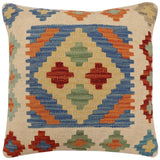 handmade Traditional Pillow Blue Beige Hand-Woven SQUARE 100% WOOL Hand woven turkish pillow2' x 2'