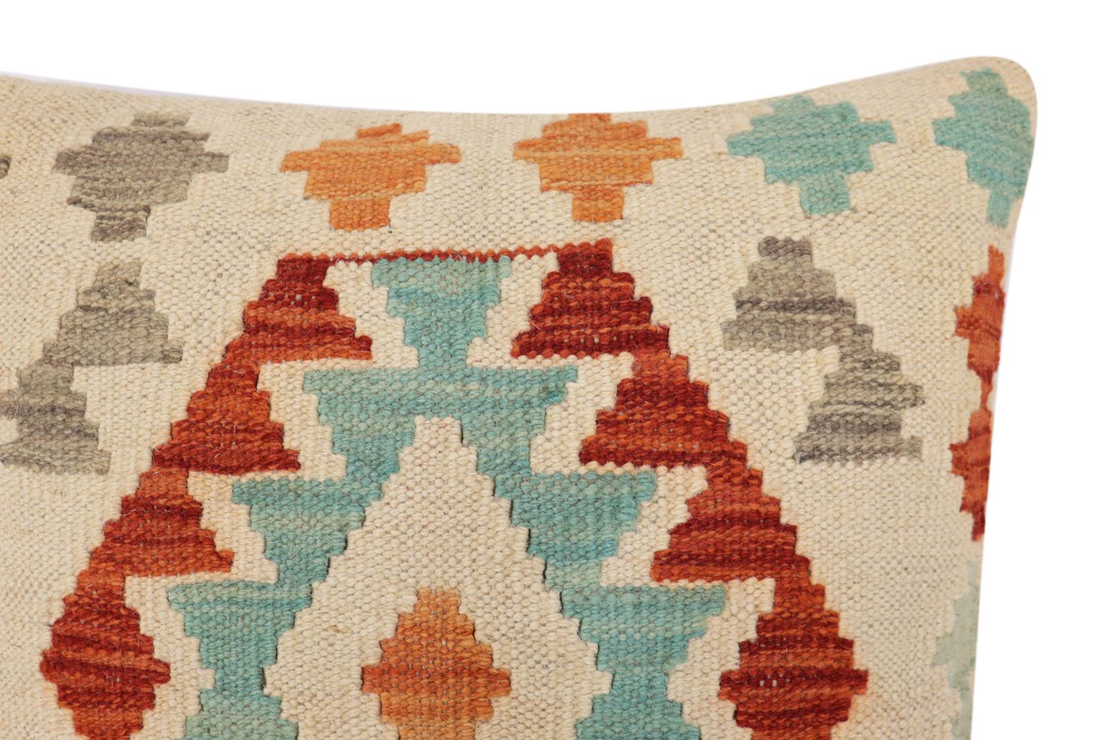 handmade Traditional Pillow Beige Rust Hand-Woven SQUARE 100% WOOL Hand woven turkish pillow2' x 2'