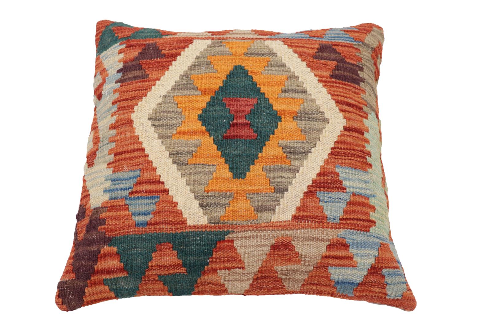 handmade Traditional Pillow Rust Blue Hand-Woven SQUARE 100% WOOL Hand woven turkish pillow2' x 2'