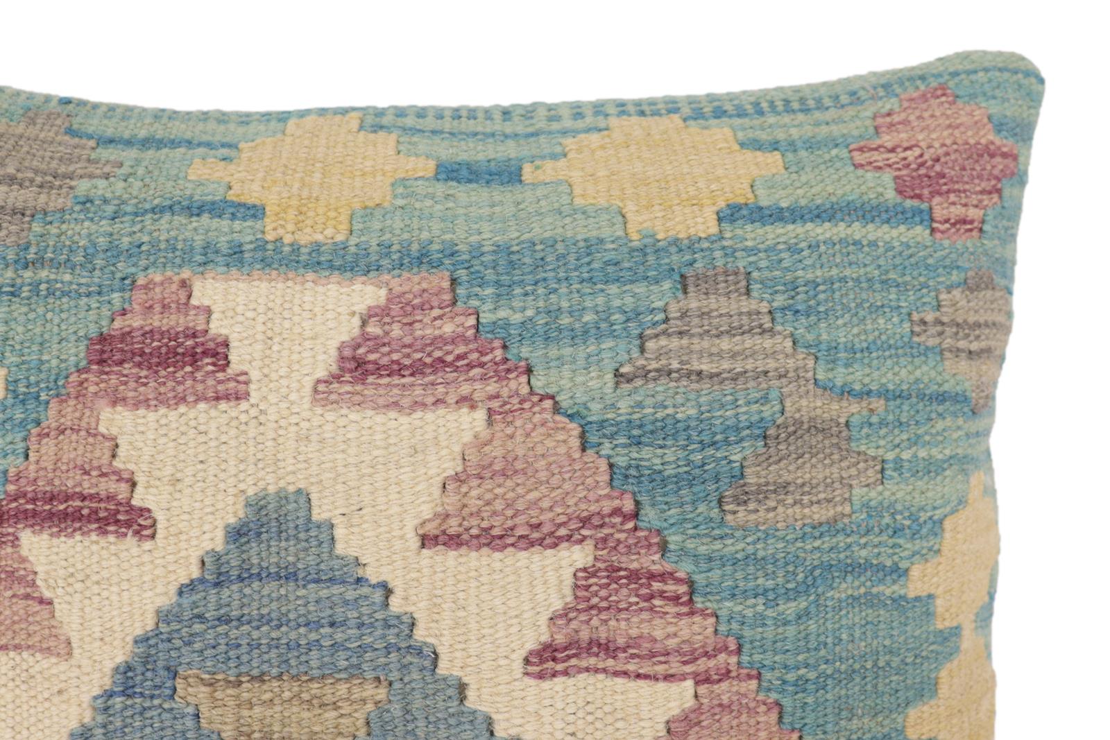 handmade Traditional Pillow Blue Beige Hand-Woven SQUARE 100% WOOL  Hand woven turkish pillow  2 x 2