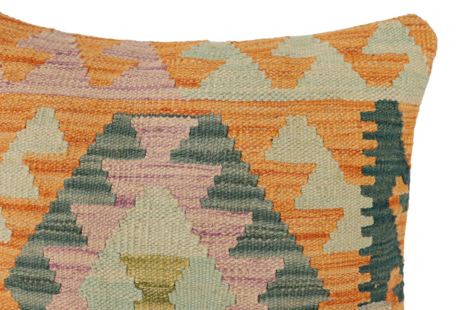 handmade Traditional Pillow Orange Blue Hand-Woven SQUARE 100% WOOL Hand woven turkish pillow2' x 2'