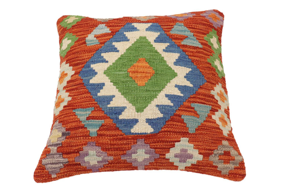 handmade Traditional Pillow Rust Blue Hand-Woven SQUARE 100% WOOL Hand woven turkish pillow2' x 2'